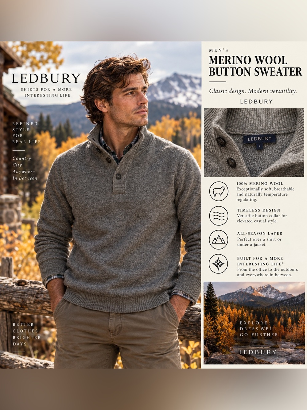 Ledbury Men's Merino Wool Button Up Sweater in Gray